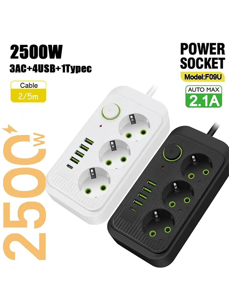 5m tomada da ue ac tomada multitap cabo de extensão tira energia elétrica com usb tipo c adaptador