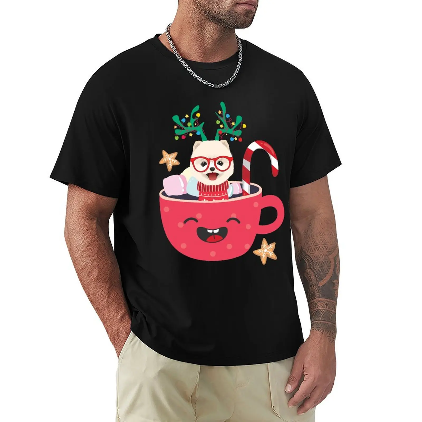 Pomeranian In Teacup Xmas Holiday Gift T-Shirt man t shirts high quality luxury brand T-Shirt