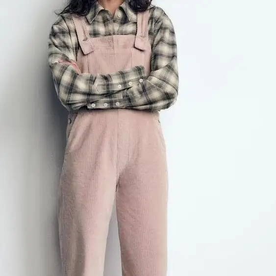 

Autumn Winter New Women's Simple Straight Collar Patch ket Corduroy Cotton Long Overalls High Waist Wide Leg Pants