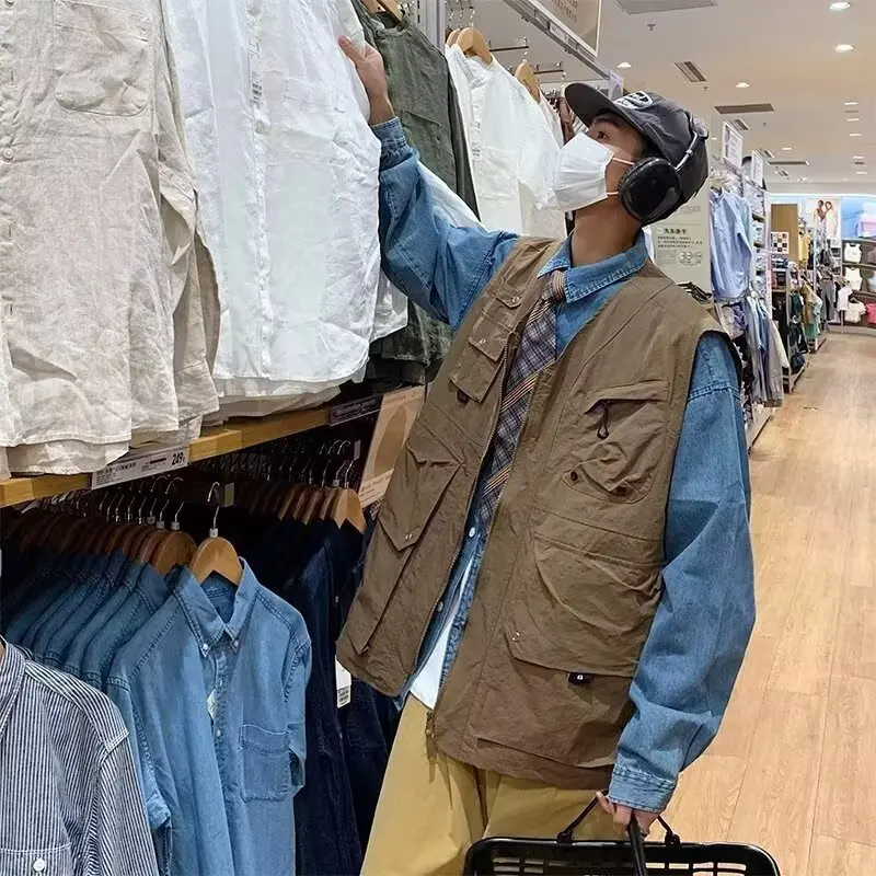 Chaleco funcional retro japonés de primavera con múltiples bolsillos para hombres y mujeres, chaqueta de trabajo informal multifunción con cuello en V para exteriores