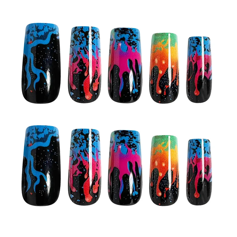 Medium fake nails for women girls Y2K gradient green blue orange blue graffiti Square almond nail tips full cover press on nails view 2