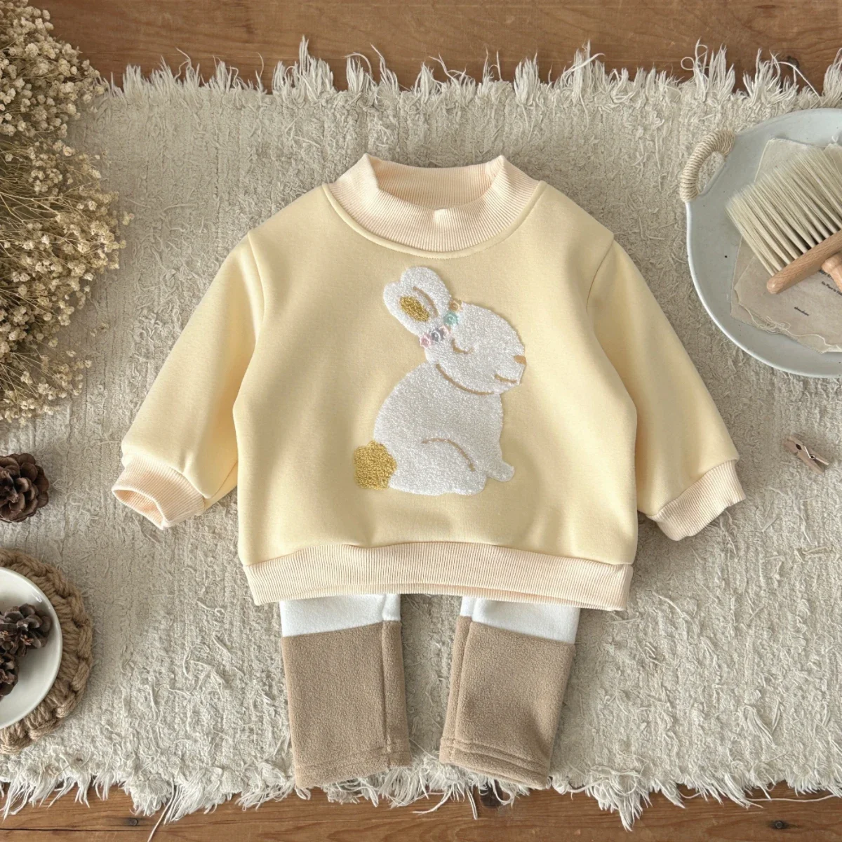 

Повседневные толстовки для девочек и малышей, новая зимняя одежда, пуловеры с круглым вырезом и вышивкой кролика, штаны с цветными блоками, наряд из 2 предметов