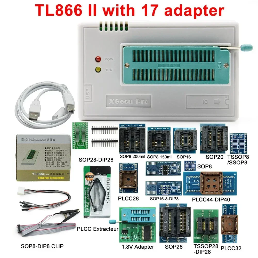 Универсальный минипрограмматор TL866II Plus + 17 адаптеров + зажим для теста TL866 PIC Bios, высокоскоростной программатор