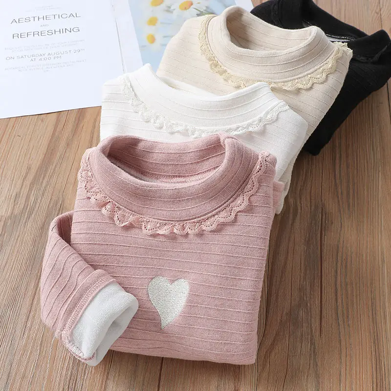 Girls' Velvet Bottom Shirt Autumn and Winter Clothing Children's Half High Collar Lace Knitted Shirt Girls' Thick Warm Top