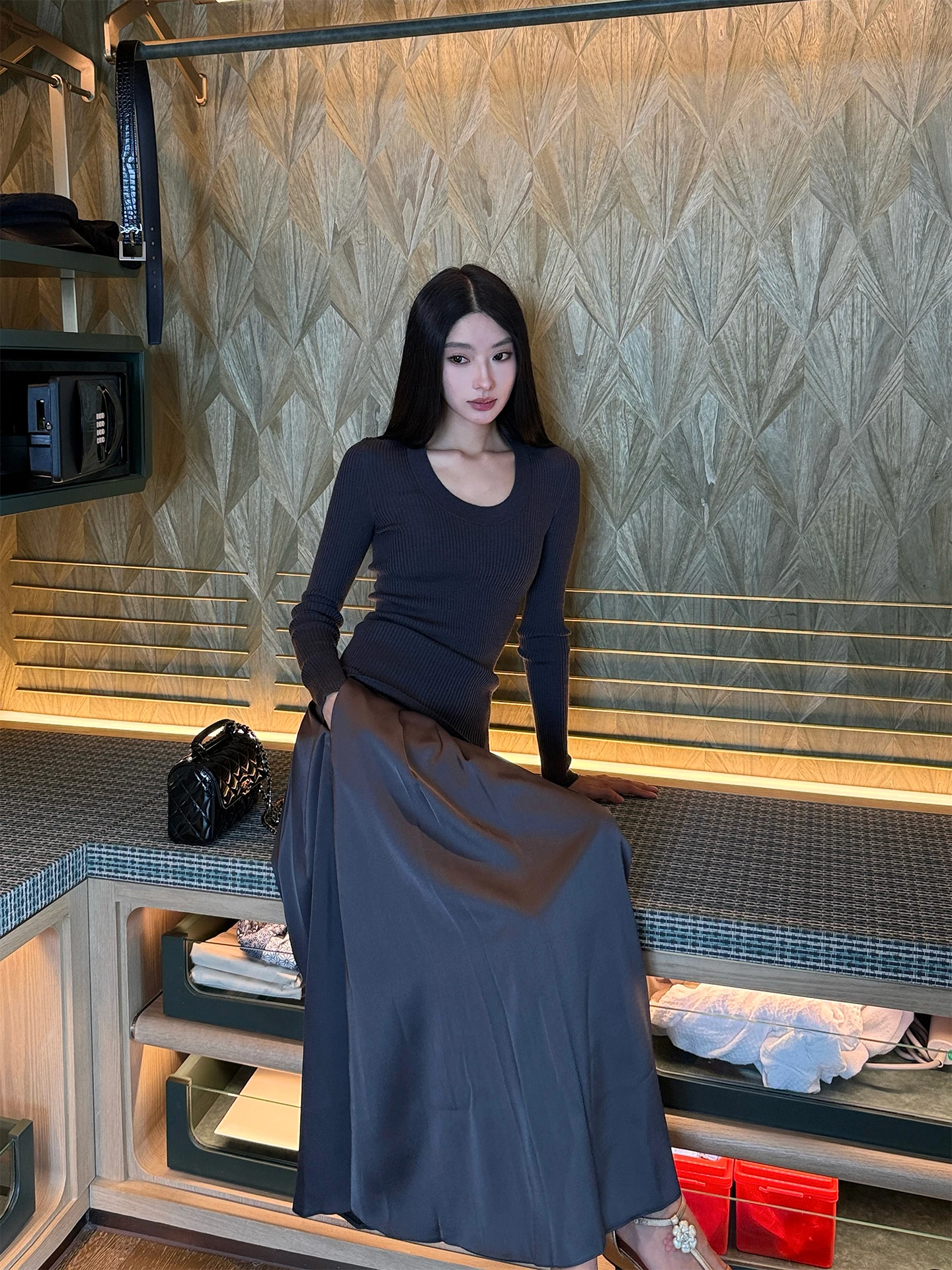 

Rosie Sl Long Sve U-Ne Knitted Base irt 00% Wool Yuzi Silk Basic Layering Top Women's Faion Spring Thin