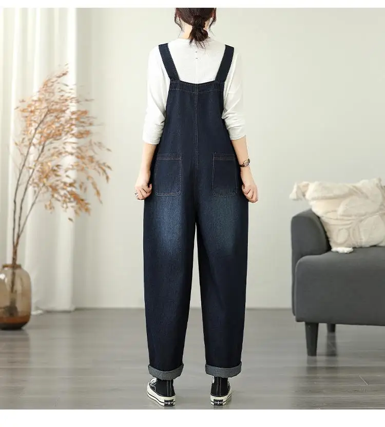 Outono novo retro angustiado cowboy cinta macacão feminino solto casual de uma peça calças de perna larga retalhos bolso streetwear jeans