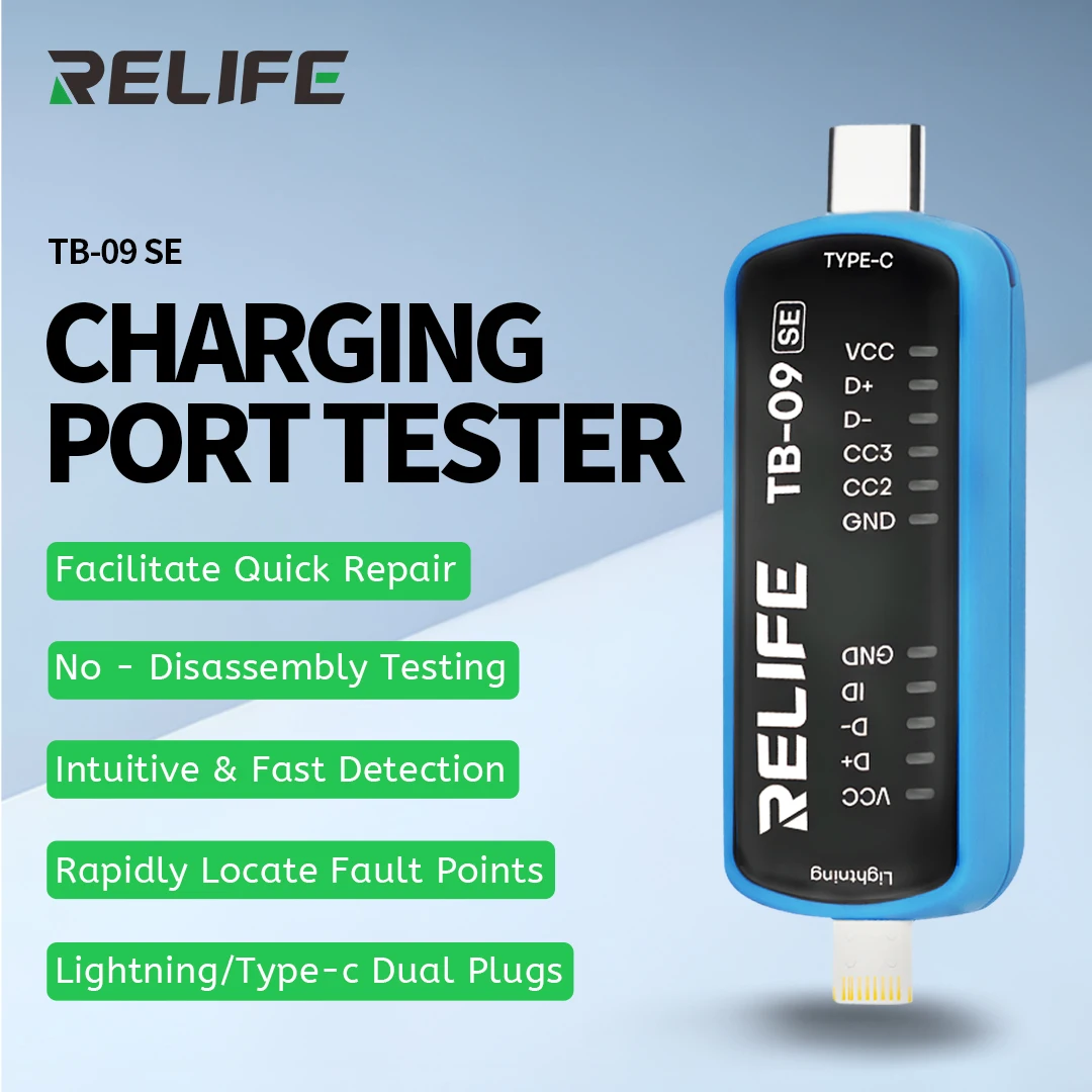 RELIFE TB-09 SE Charging Port Tester for IPhone Android  Lightning/Type-c Dual Plugs Smart Charging Port Analyzer Repair Tool