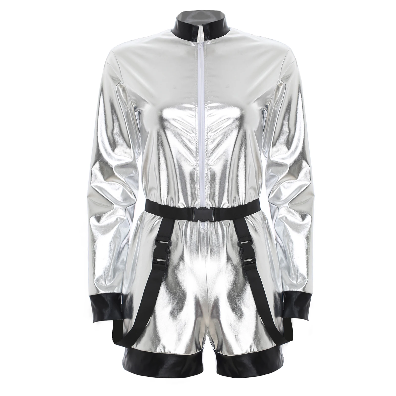 

Women Halloween Astronaut Cosplay Costume Long Sleeve Metallic Shiny Zipper Bodysuit Jumpsuit for Carnival Theme Party Role Play