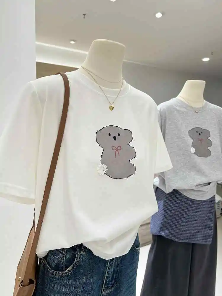 Sommer Gedruckt Baumwolle T-shirt für Frauen Rundhals Kurzarm Bär Muster Weibliche Tees Koreanische Casual Mode Applikationen Top