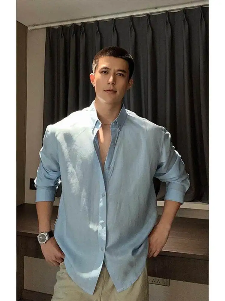 

Molandi Light Blue Long Sleeve Linen Shirt Men's Casual Summer Sun Protection Casual Feel Shirt Jacket City Walk Standard Fit