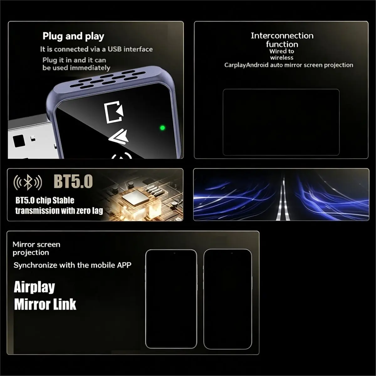 AC※▼●873-Wireless CarPlay 4in1 AI Box Airplay/Mirror Link/Android Auto/Carplay Car Intelligent System BT5.0 USB Dongle Adapter