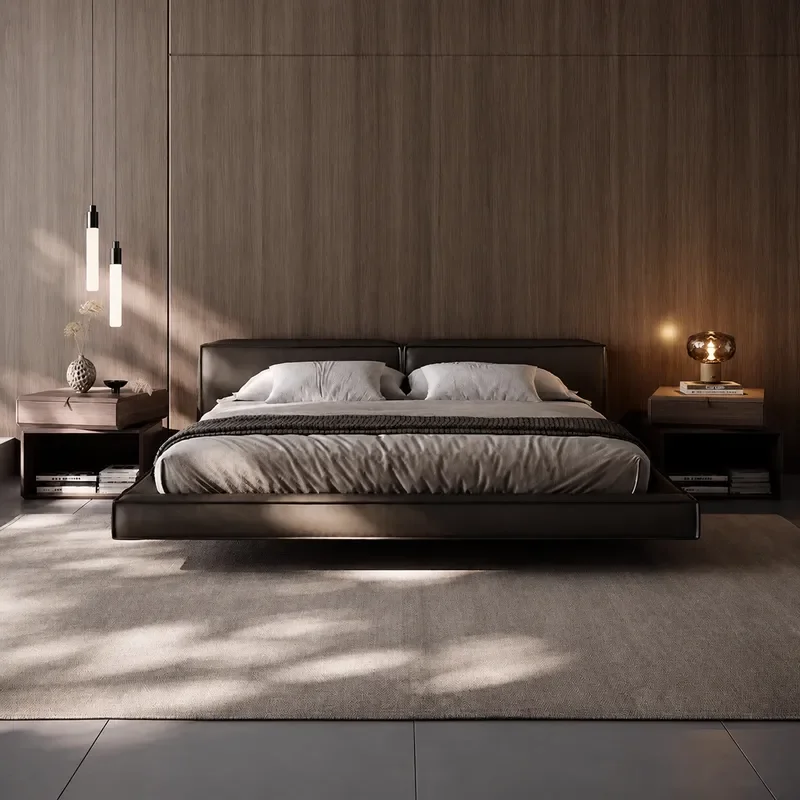Italian Minimalist Leather Bed Modern Simple Light Luxury High End Atmosphere Master Bedroom Furniture Tofu Block Suspension