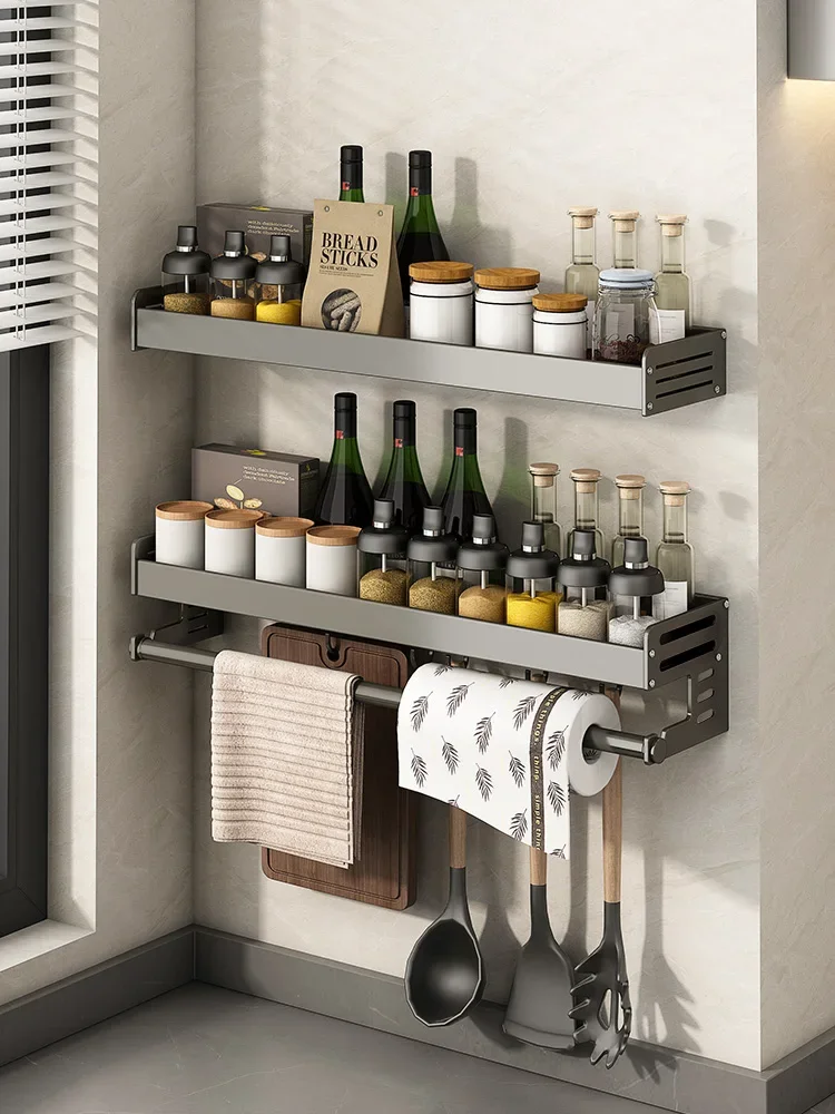 Gun ash kitchen storage rack, non perforated wall hanging multifunctional hook seasoning  comprehensive storage rack