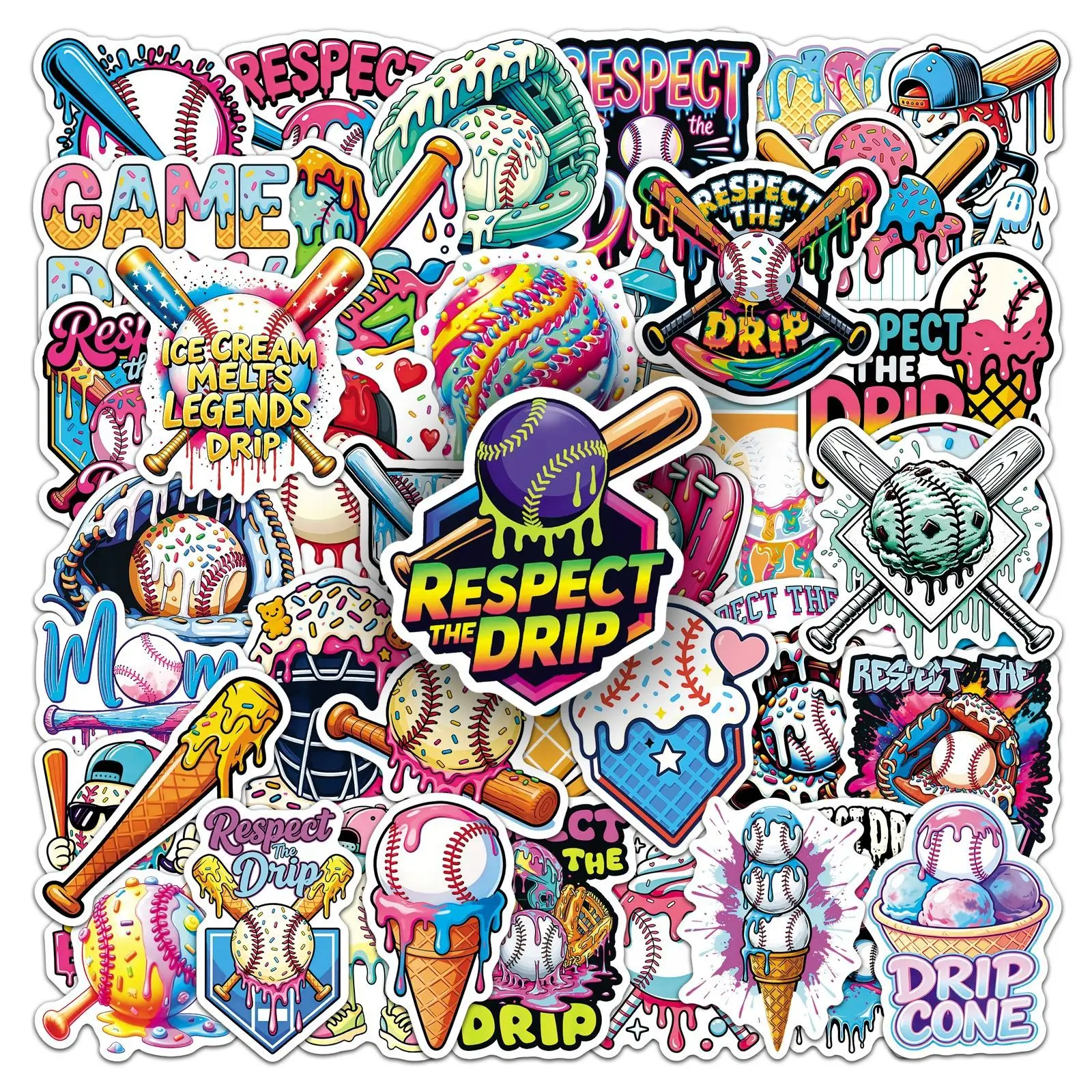 50Pcs Cartoon Drip Baseball Sport Doodle Waterproof Stickers for Phone Skateboard Helmet Reward Journal DIY Decor Decals