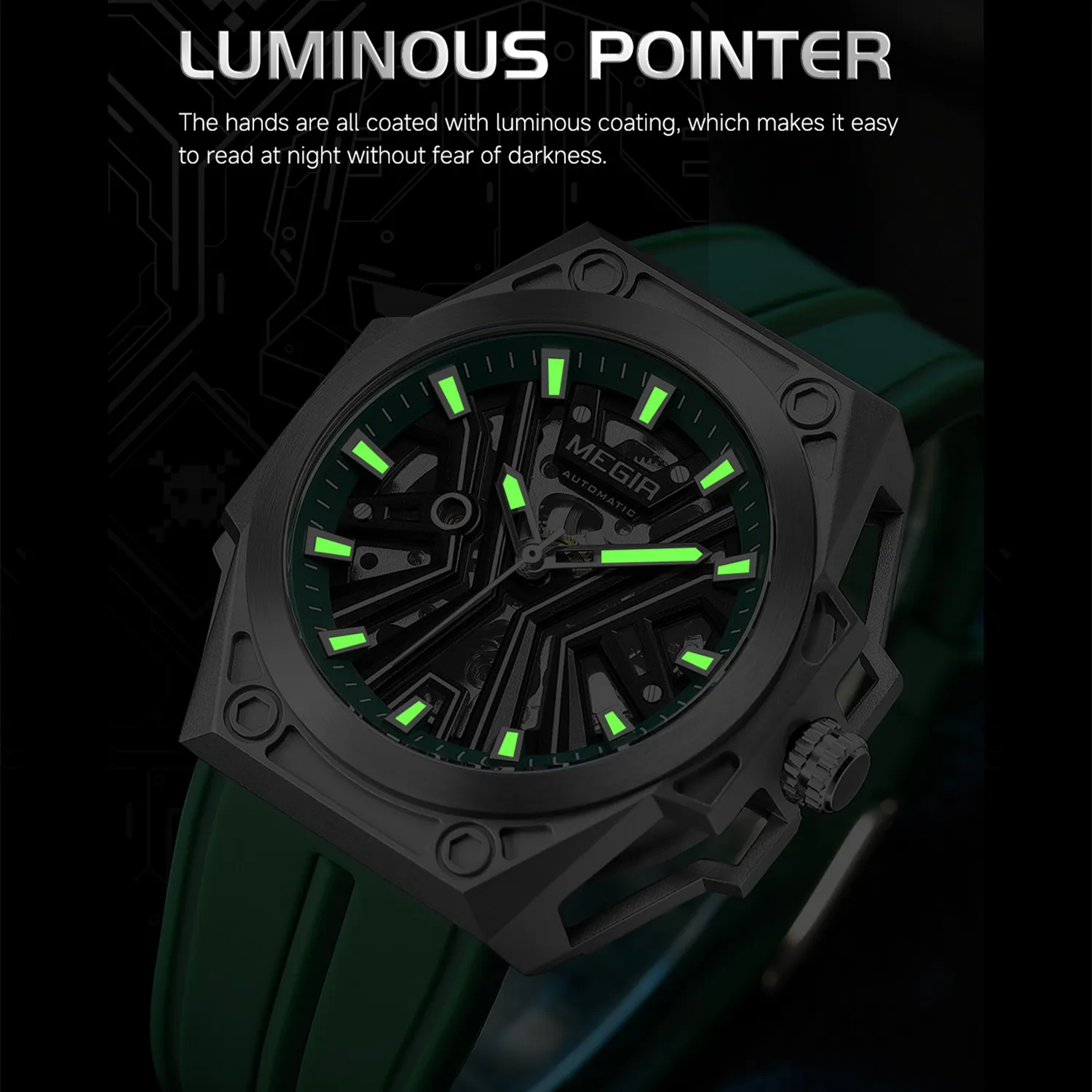 MEGIR New Stainless Steel Case Skeleton Mechanical Watch Waterproof Luminous Men Fully Automatic Wristwatch Silicone Strap Watch