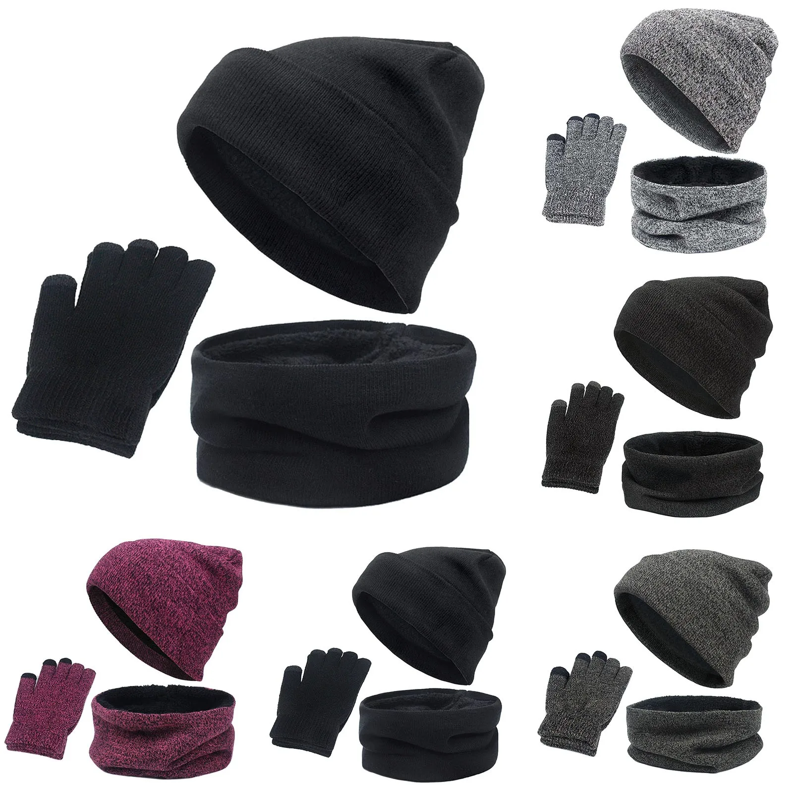 Ensemble de bonnets thermiques unisexes pour hommes et femmes, cache-oreilles, cache-cou, gants en tricot, écharpe, gants, doublure sourire, hiver, 3 pièces