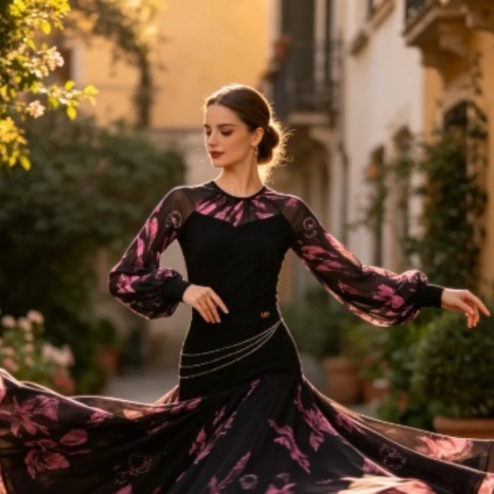 

New Long Sleeve Printed Latin Dance Top, Dance Costume for Women, Professional Dancewear for Practice & Dance Competition