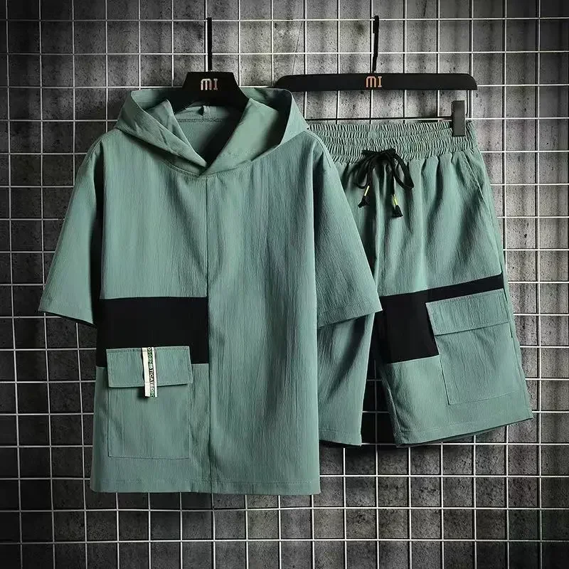 LIBIELIY Summer Multi-pocket Tracksuits Men Summer Patchwork Shirts+Loose Cargo Shorts 2 Pcs Sets High Street Beach Suits Men C