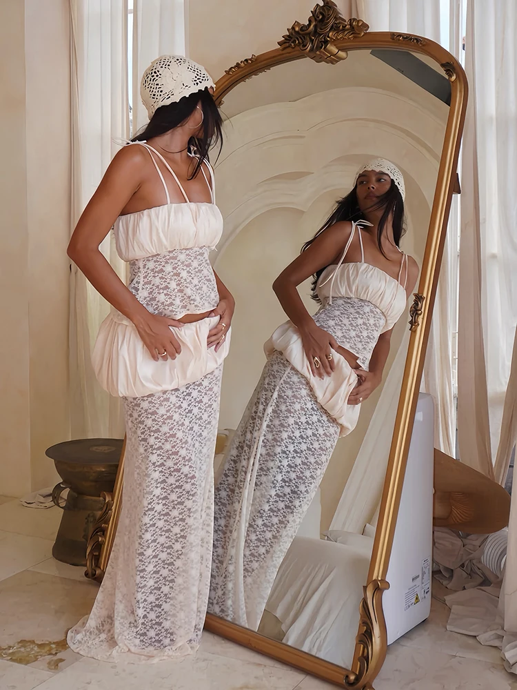 

Nibber Vacation 2 Piece Set Women Jacquard Sexy Satin Patchwork Ruched Cross Camisole+See Through Skirts Elegant Party Suits
