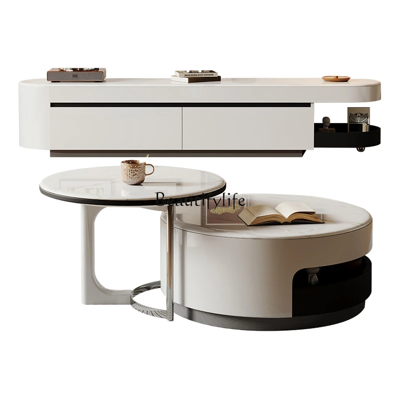 

Modern simple cream wind microcrystalline stone coffee table stretchable size round coffee table TV cabinet combination