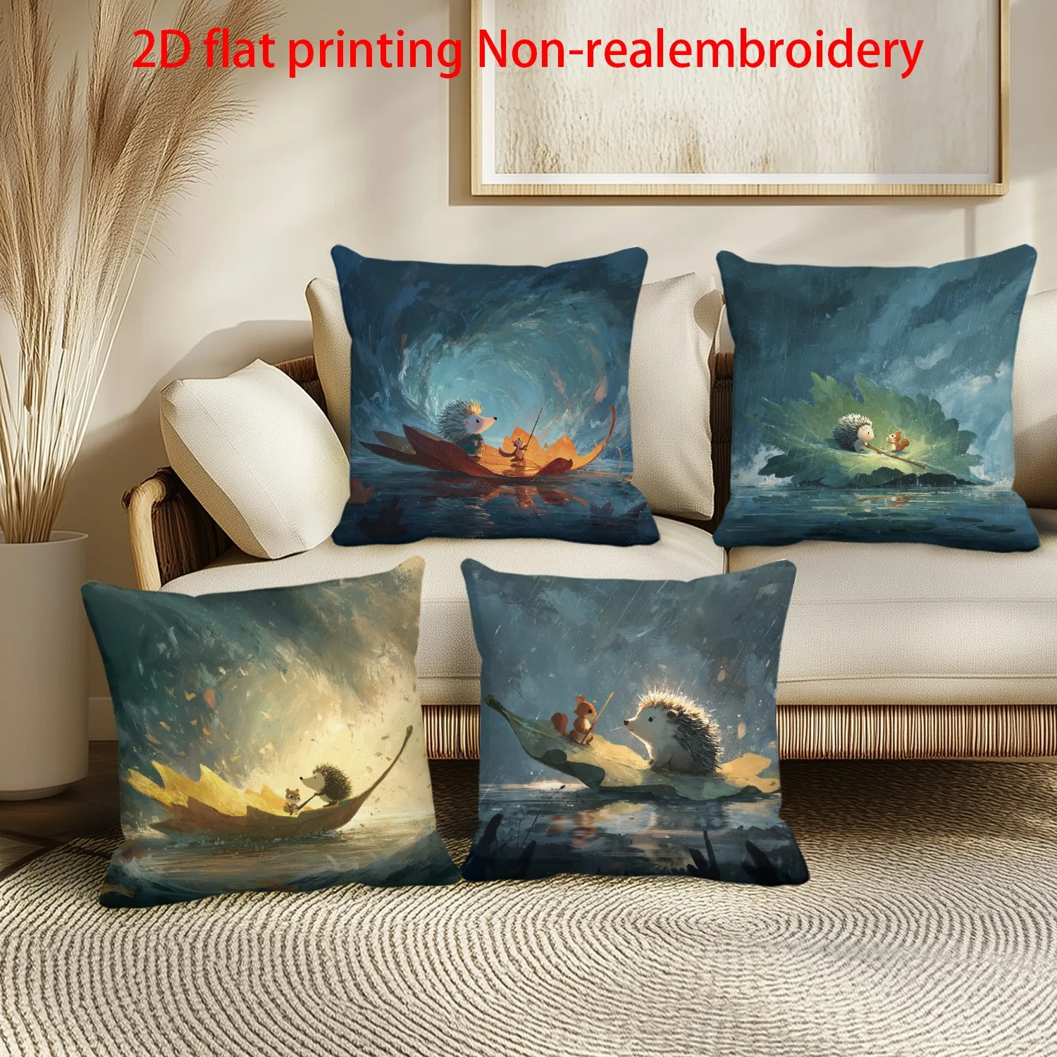 

Whimsical Hedgehog Adventure Pillowcase: Artistic Nautical Scene Cushion Cover for Sofa Living Room Home Decor