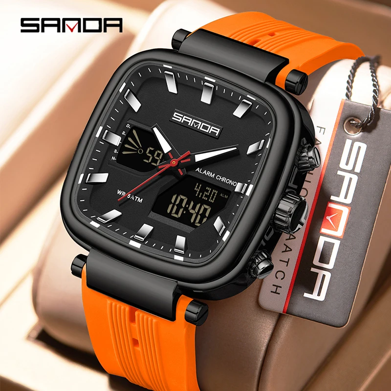 SANDA 6282 Модные роскошные мужские электронные часы с двойным дисплеем, спортивные, водонепроницаемые, с ночной подсветкой