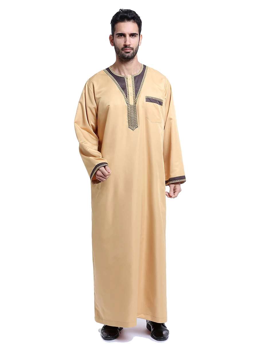 Muslim Men Long Sleeves Round Collar Patchwork Embroidery Button Robe Arab Male Adult Ankle Length Thobe Ramadan Eid Clothes