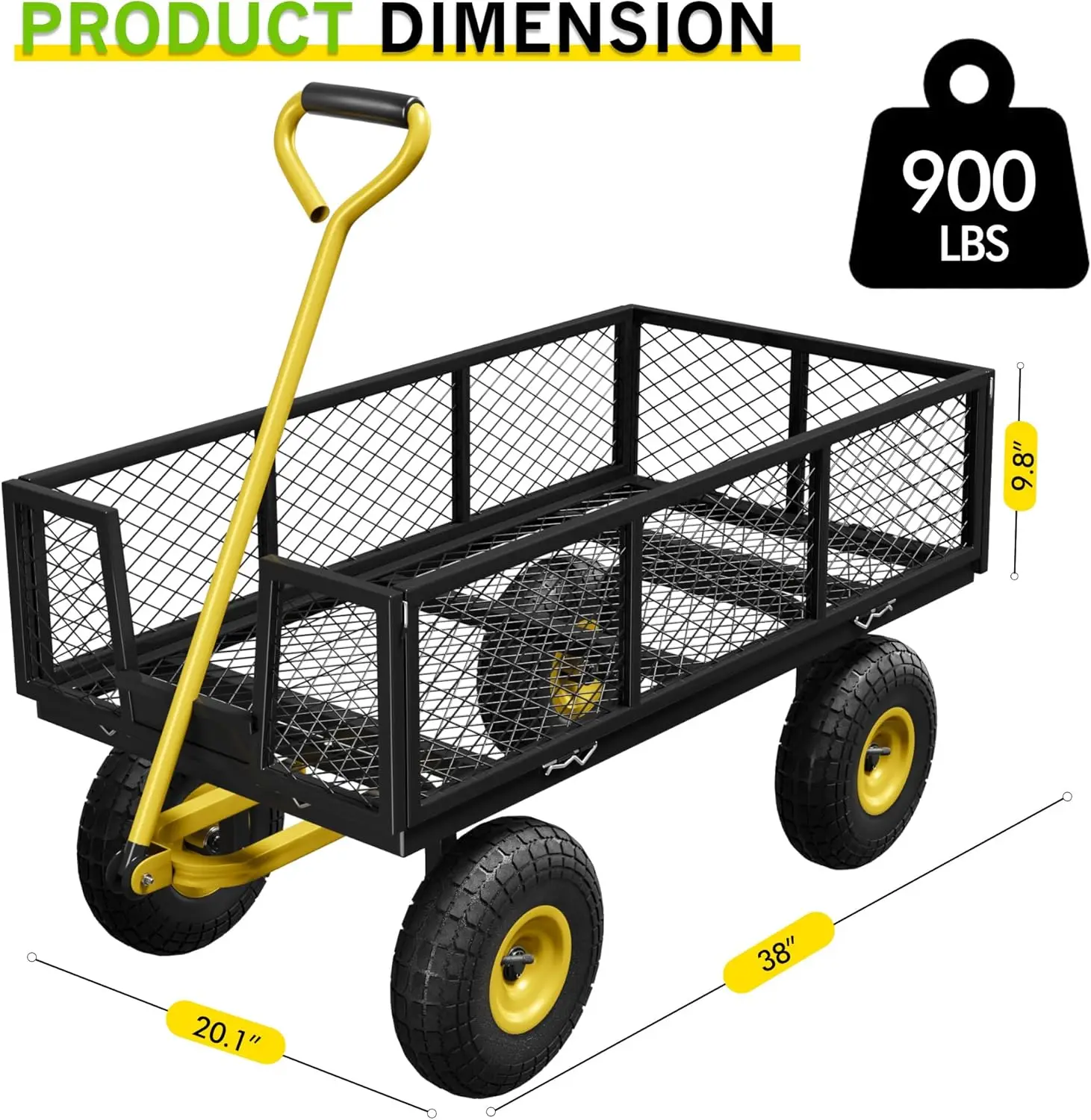 900 LBS Steel Garden Cart,Heavy Duty Utility Wagon Carts,with Removable Mesh Sides,10 Inch Tire and Swing-Out Handle,Suitable fo