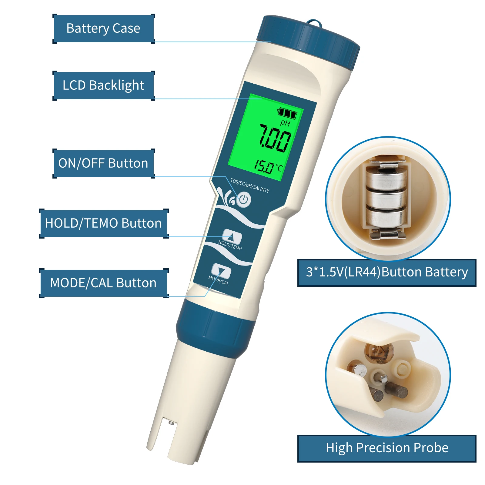 Yieryi Alta Precisão Tester Hidrogênio para Piscina de Água Potável, PH Digital, ORP, Temp, H2, ppm Medidor com ATC, Resolução 0,01