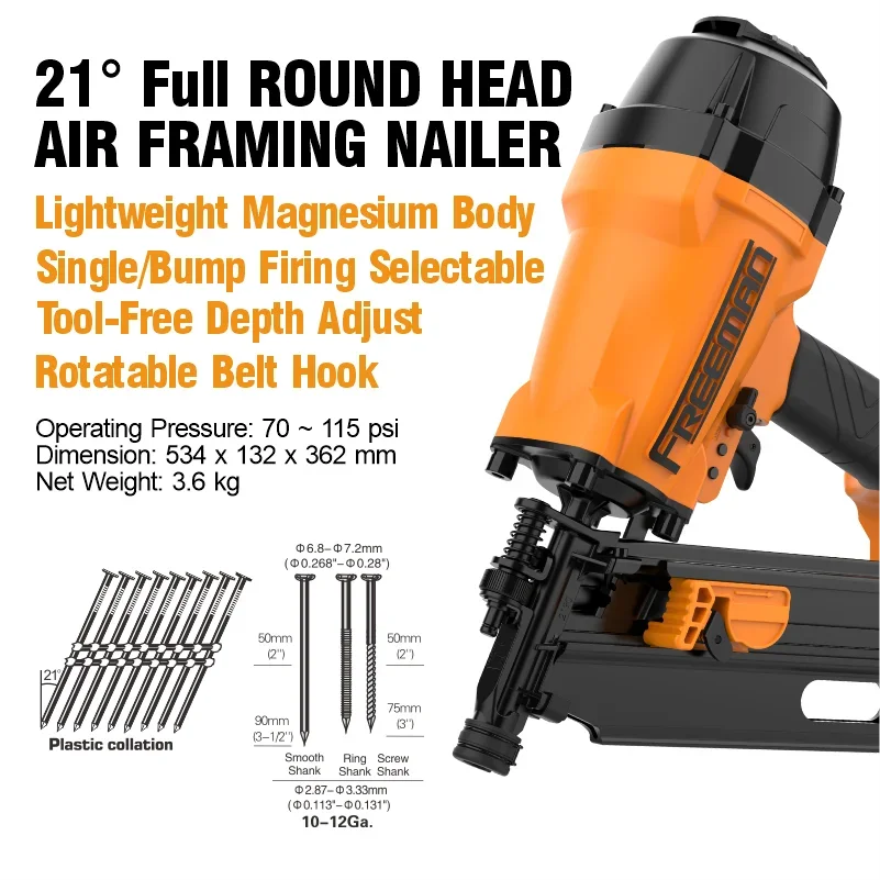 Freeman FM2190 21 Degree Woodworking Tool Pneumatic Framing Nail -Gun with Compressor and Hose