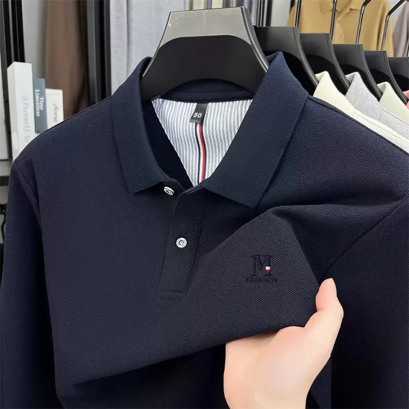 ملابس للرجال ماركة رسالة التطريز 100% القطن قميص بولو بأكمام طويلة 2025 المألوف جديد تنفس تي شيرت غير رسمي #3
