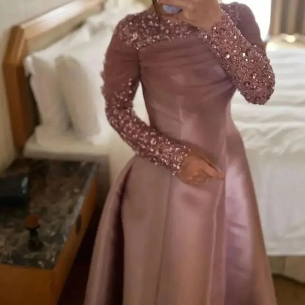 

A-Line Crew neck Satin Full Sleeves Formal and Luxury Evening Dresses Sequined Tulle Bow Pleats Zipper Back Saudi Arabia 2024