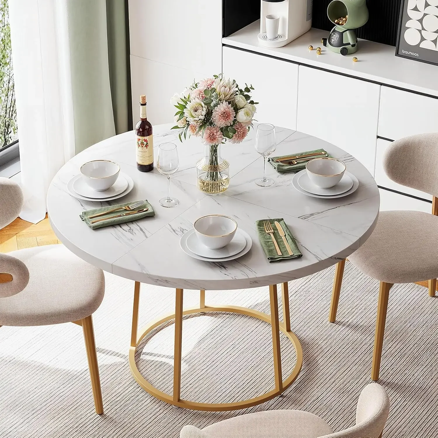 Eettafel, 47,24 inch keukentafel voor 4-6 personen, houten kunstmarmeren eettafel met gouden onderstel, cirkel modern klein