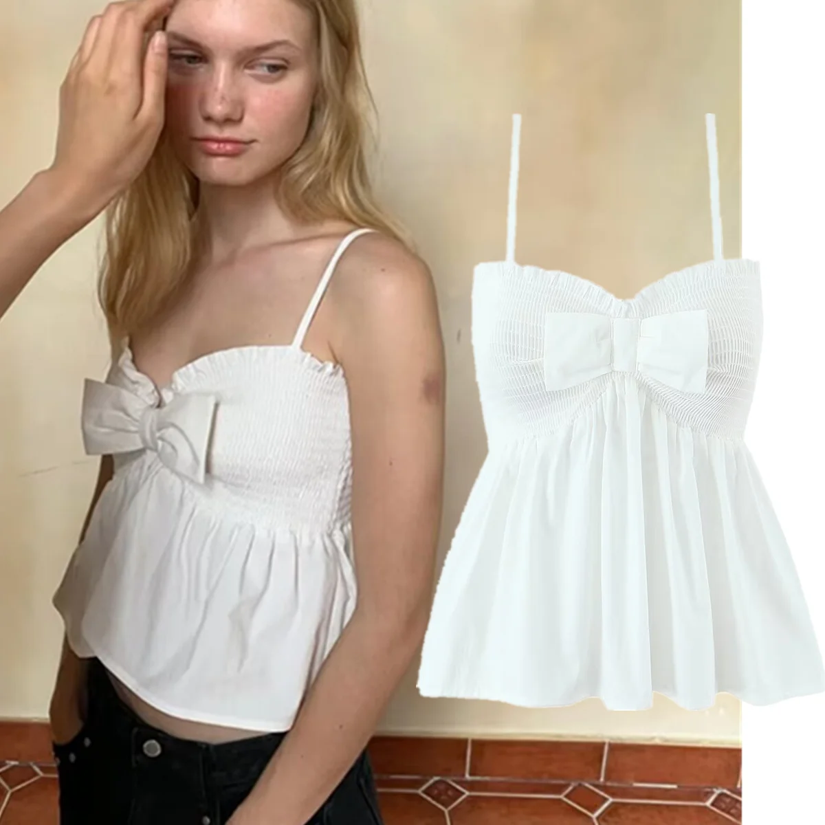 

Jenny&Dave French Fashion Girls Bow Camisole Shirts & Blouses 2026 Spring Summer Women's Clothes Shirts Tops