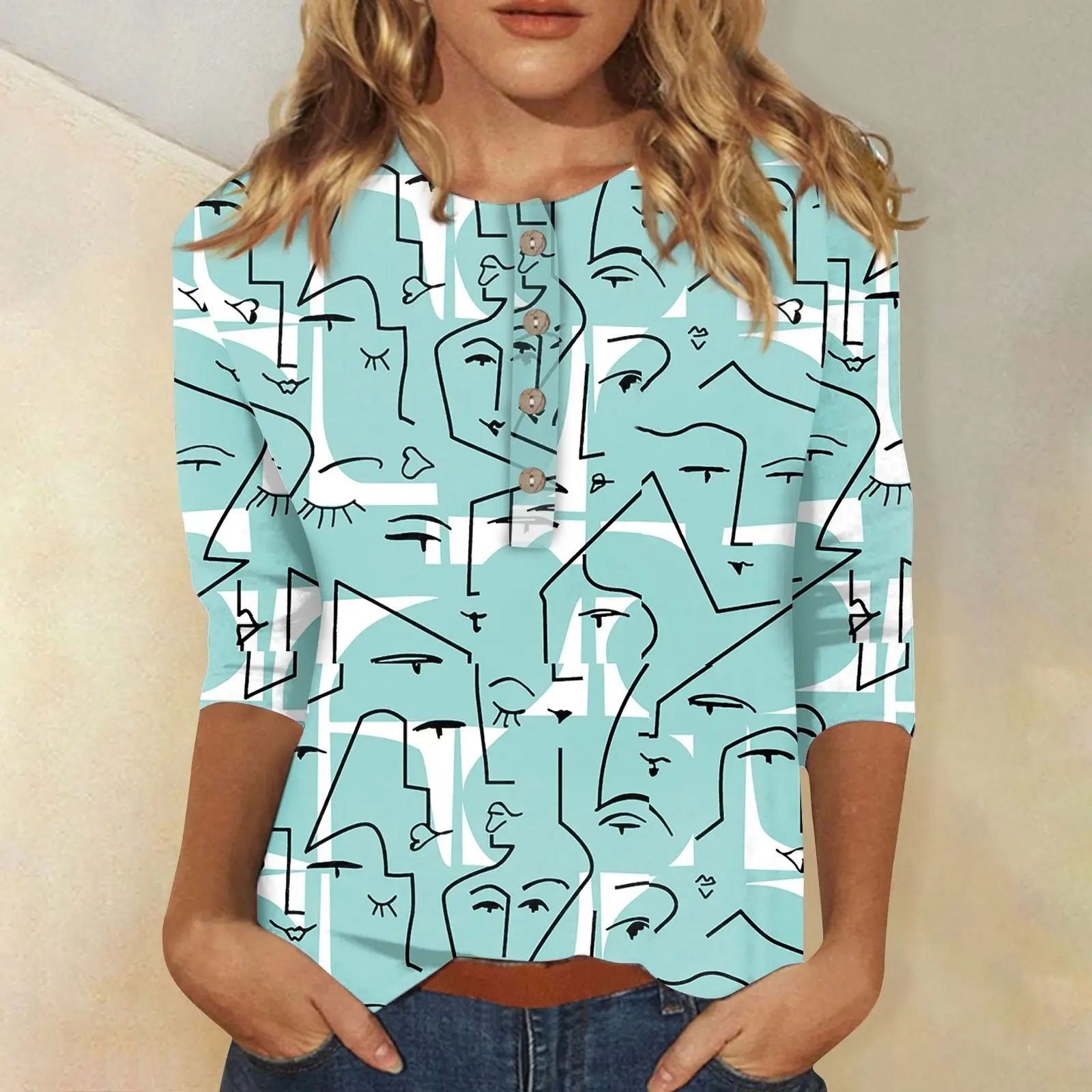 T-shirt décontracté imprimé en 3D pour femmes, col rond, manches 3/4, bouton, haut rétro, vêtements de rue Harajuku, Wg23