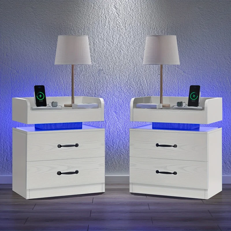 

Bedside Charging Station， BeltLEDLight， Bedside Table with Drawer