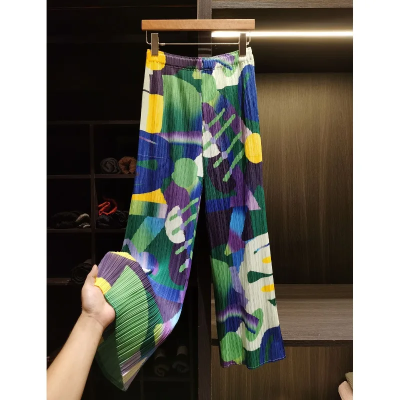 

Miyake Japan Pleated Straight Pants 2026 Summer New Colorful Geometric Print Draped Elastic Women's Casual No Ironing Long Pants