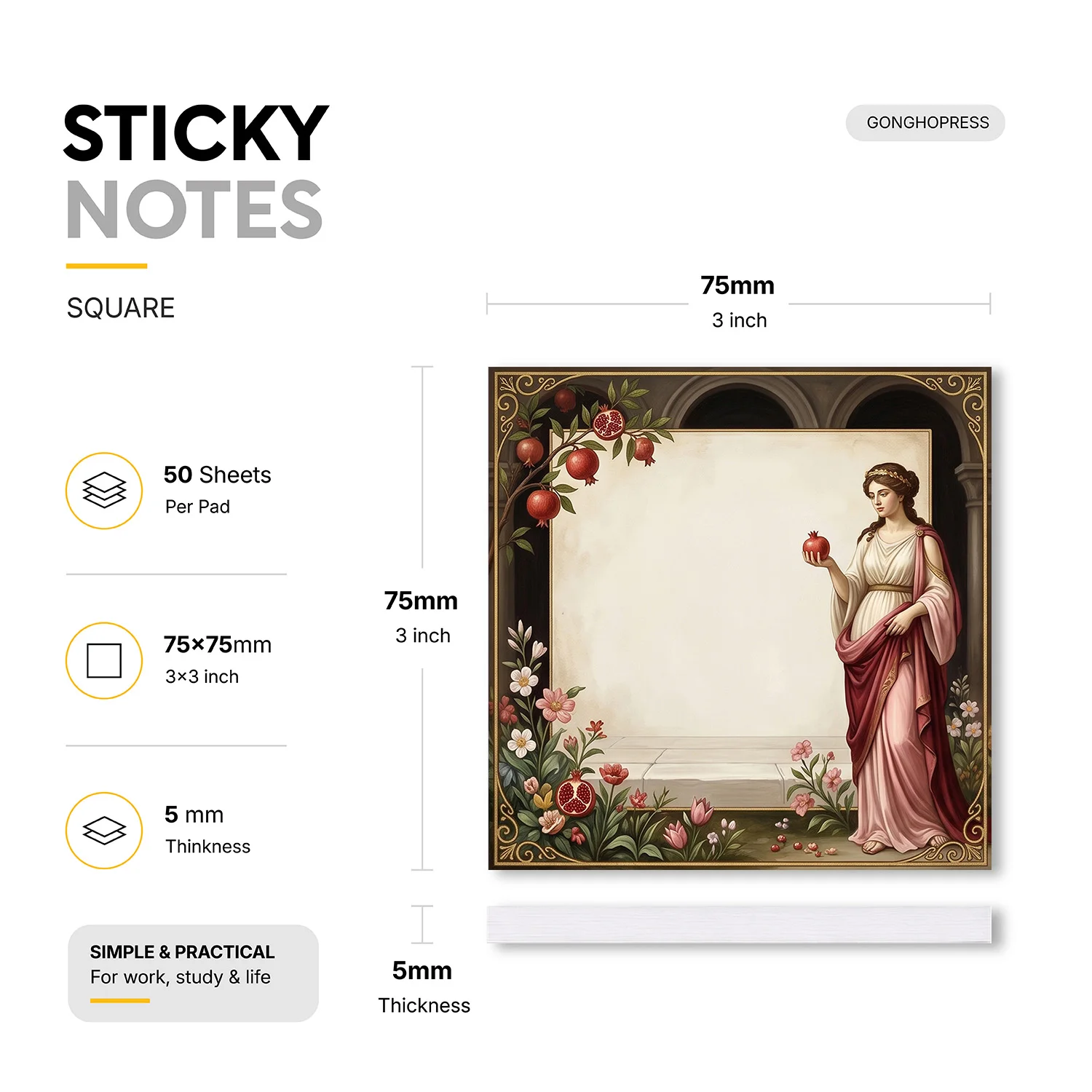 2pcs Greek Goddess Sticky Notes, Vintage Mythology Floral Memo Pads, 100 Sheets Total, Removable Self-Adhesive Notes for Planner