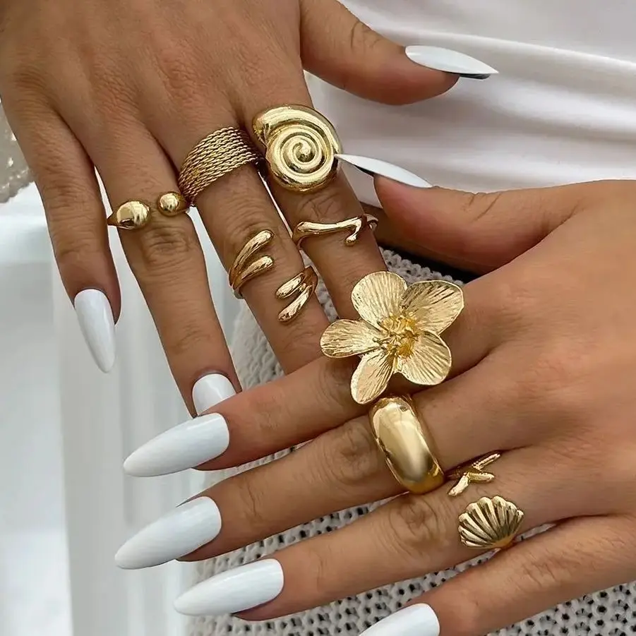 

IngeSight.Z 8Pcs/Set Exquisite Fashion Starfish Scallop Open Ring Set for Women Trending Classic Small Water Drop Rings Jewelry