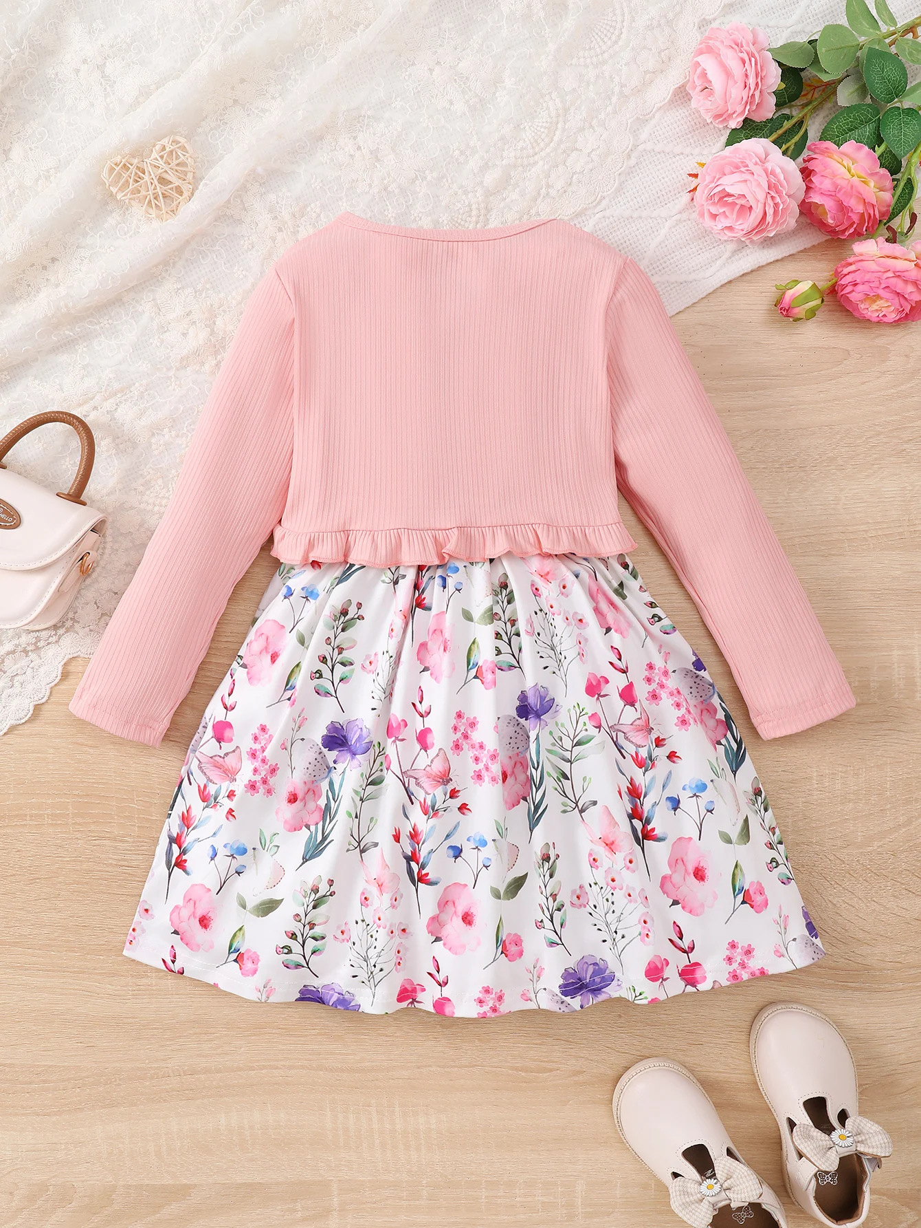 4-7 Years Kids Girls 2PCS Dress Set Solid Knitted Overcoat+Floral Sleeveless Dress with Belt Photography Style Princess Clothing