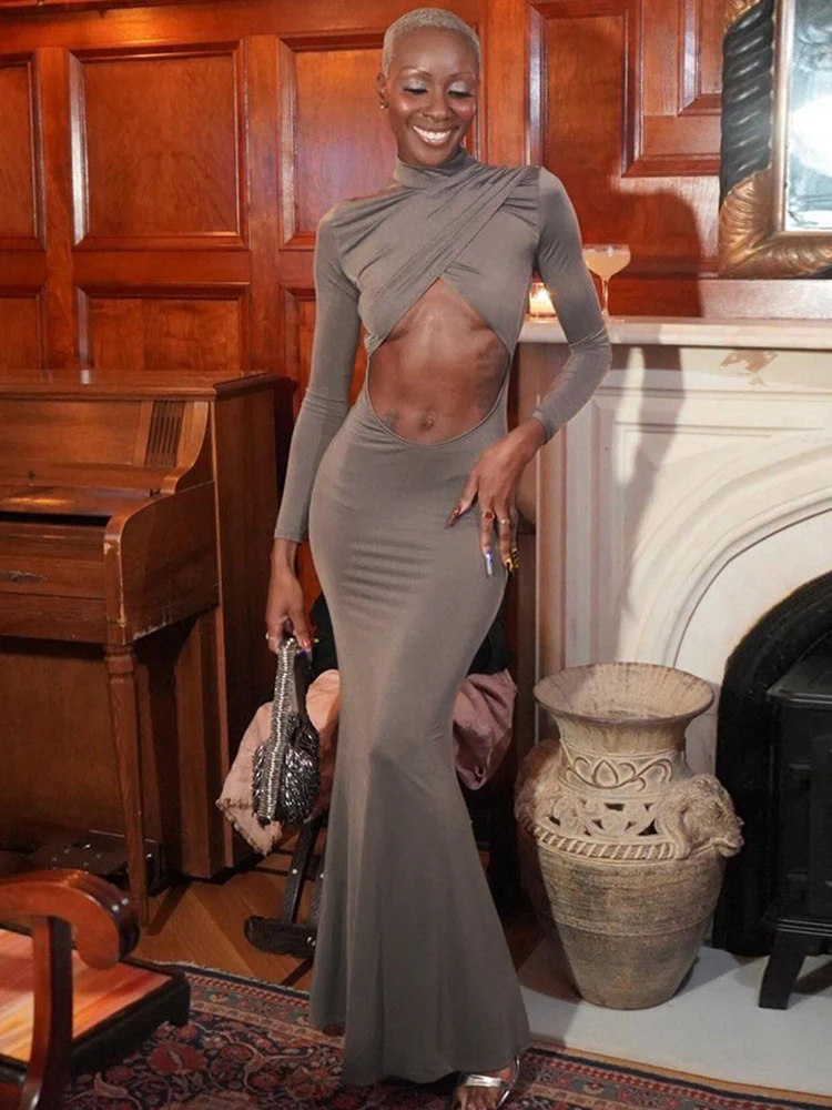 Nibber vestido sexy oco para mulheres, cruz, gola alta, manga comprida, elegante, tendência, festa básica, longa, bodycon