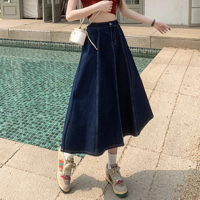 Korean Summer Above Knee Slim Fit Skirt with Straight Lines Denim skirt Long skirts Slit skirt Denim midi skirt High waist