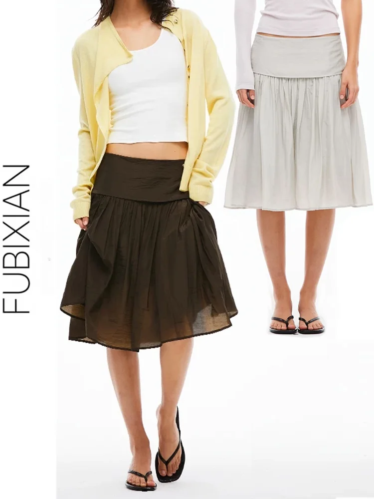

Lightweight Vacation Folded See-through Knee-length Half Skirt Gray Elegant Gentle Style Korean Fashion Midi Skirt
