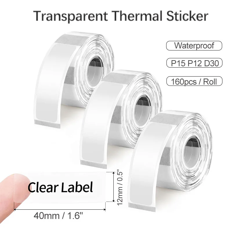 12x40mm Transparent Thermal Label Tape Roll Self-adhesive Waterproof Printable Name Sticker Paper Jar Cable Sort Tag For D30 P15