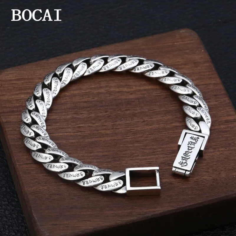 

BOCAI New 11mm S925 Sterling Silver Vintage Fashion Versatile Six Character True Word Twelve Zodiac Signs Bracelet for Men