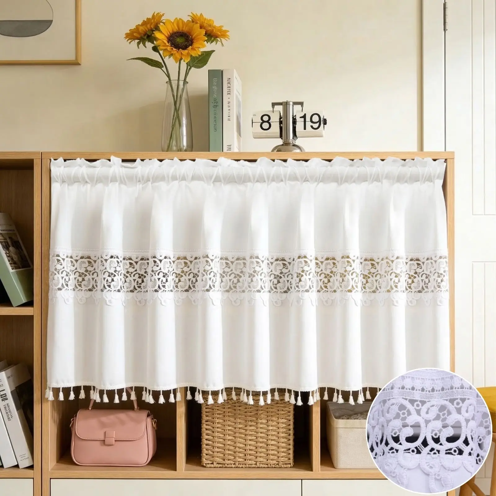 

1PC White Lace Embroidered Short Cabinet Curtain with Tassels, for Kitchen and Living Room, Lovely Housewarming Gift
