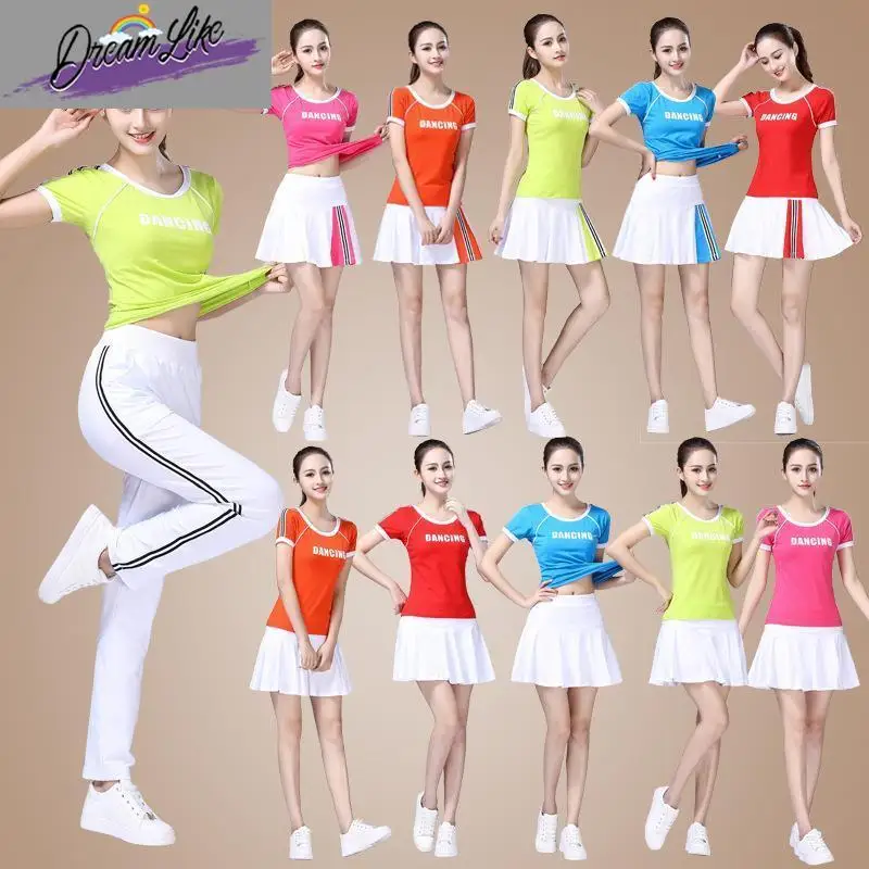 

New Women's Square Dance Fitn Clothes Summer Sport Suit Modal ort Sve T-irt Cotton Blend Stage Performance Outfit