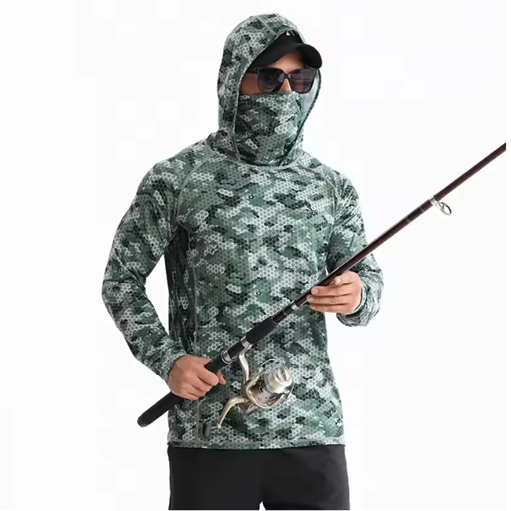 Men Fishing Shirts With Hood Face Mask Long Sleeve Sun Protection Quick Dry Breathable Outdoor Hiking Rash Guard