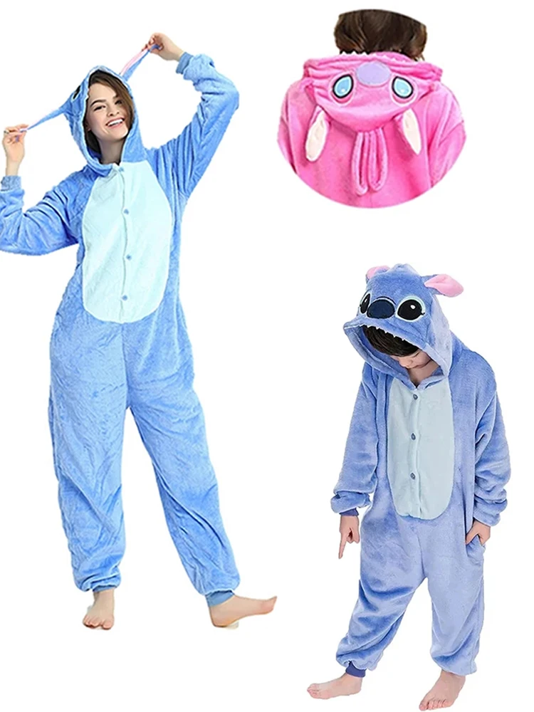 Costumes de cosplay Stitch pour enfants et adultes, combinaison de dessin animĂ© mignonne, pyjama en flanelle Ă capuche, combinaison, costume de fĂȘte d'Halloween et de NoĂ«l
