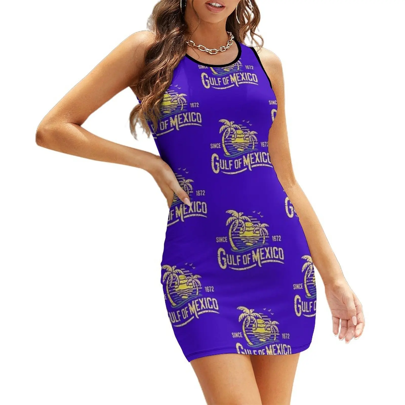

Gulf of Mexico Vintage Sunset Palm Trees Ocean Beach Retro Sleeveless Sundress women party dresses dress for women summer